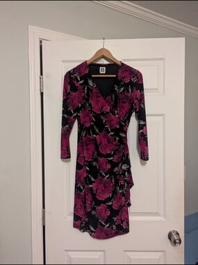 Anne Klein Black Dress with Magenta Floral Print